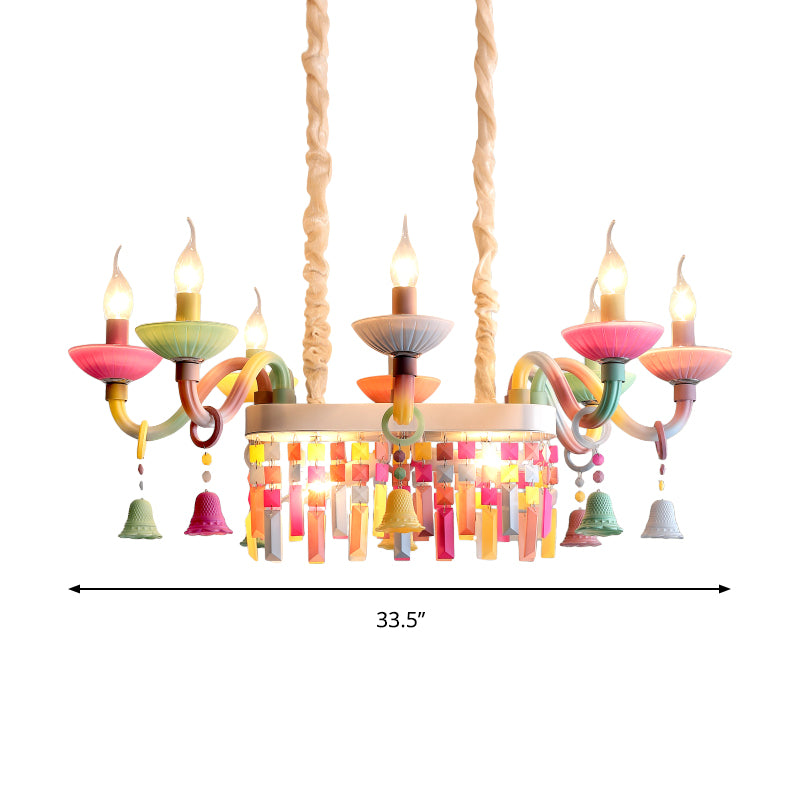 Glass Candle Suspension Light with Little Bell Kid Bedroom Kids Modern Colorful Chandelier