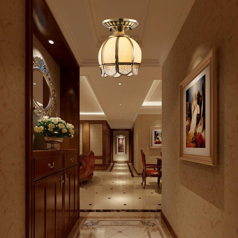 Curved/Cylinder/Flower Frosted Glass Flush Lamp Colonial 1-Light Corridor Flush Mount Light in Brass