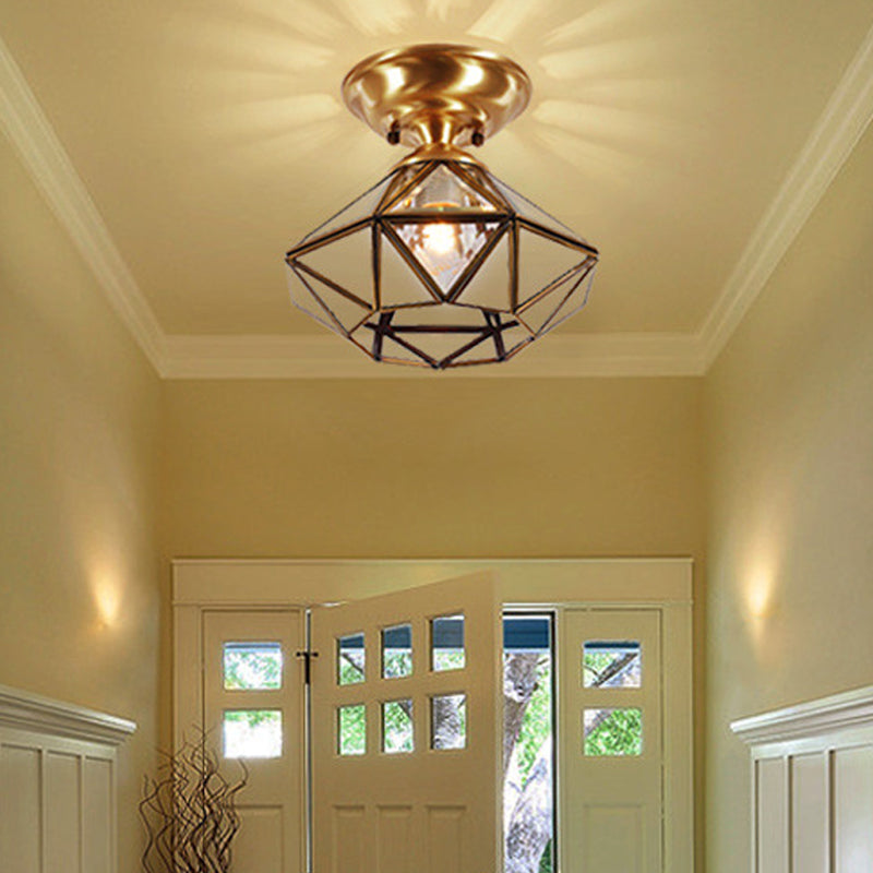 10"/12" W Colonial Diamond Flush Ceiling Light 1-Light Clear Beveled Glass Panels Flush Mount in Brass