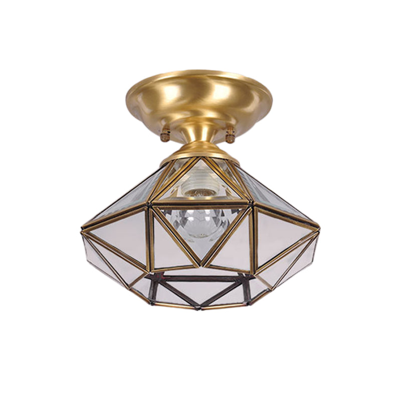 10"/12" W Colonial Diamond Flush Ceiling Light 1-Light Clear Beveled Glass Panels Flush Mount in Brass