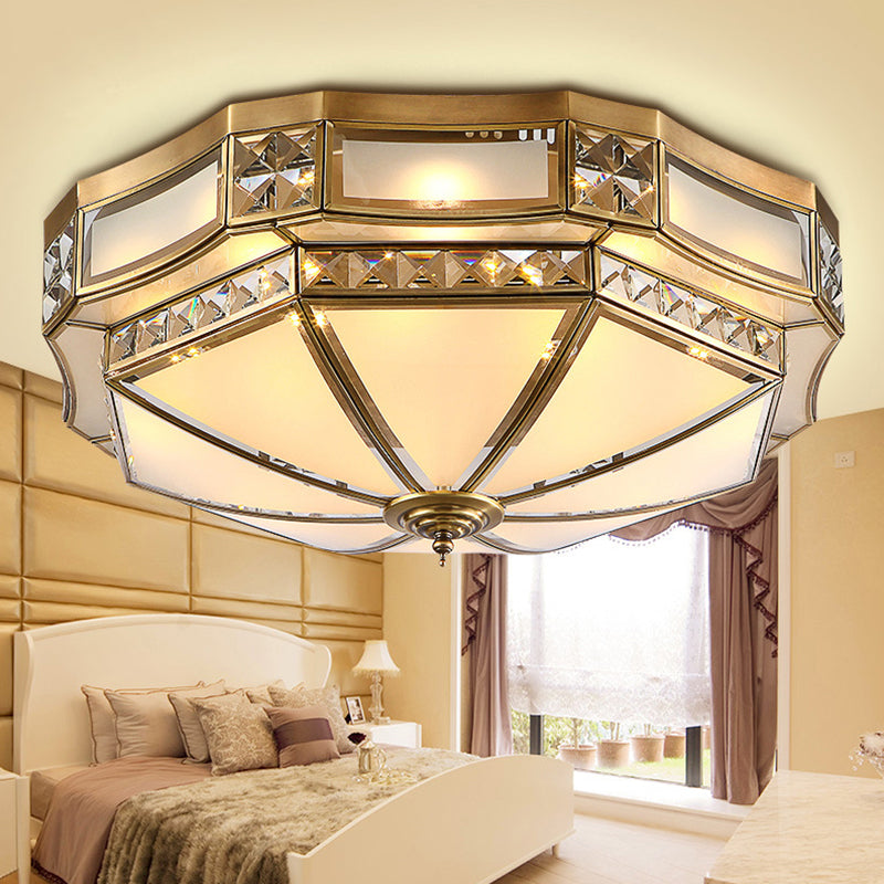 3/4/6 Lights Round Small/Medium/Large Flush Mount Colonial Antique Brass Frosted Glass Flush Ceiling Lighting