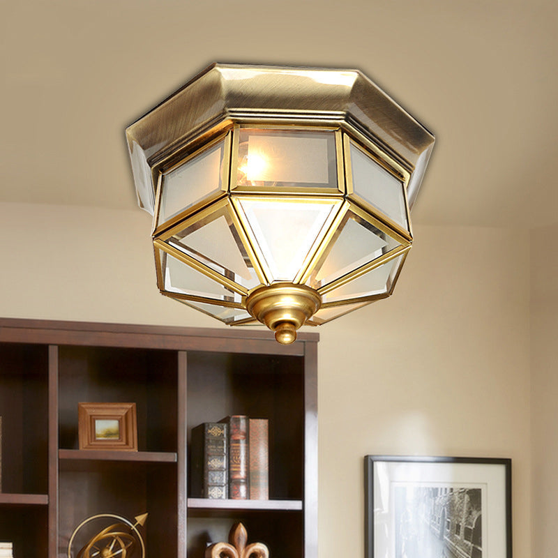 13"/15" W 2 Lights Frosted Glass Flush Mount Lamp Vintage Brass Octagon Living Room Flush Ceiling Light