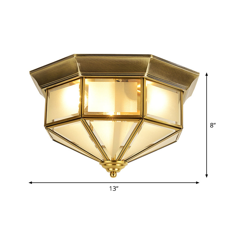13"/15" W 2 Lights Frosted Glass Flush Mount Lamp Vintage Brass Octagon Living Room Flush Ceiling Light