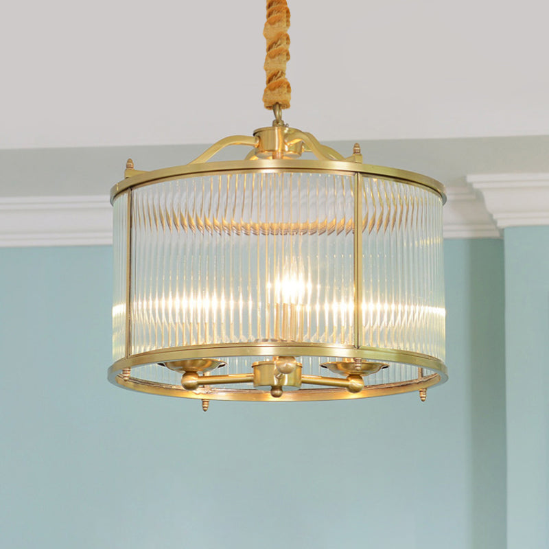 3/5/6 Lights Chandelier Light Colonial Drum Clear Ribbed Glass Ceiling Lamp in Polished Brass, Small/Medium/Large