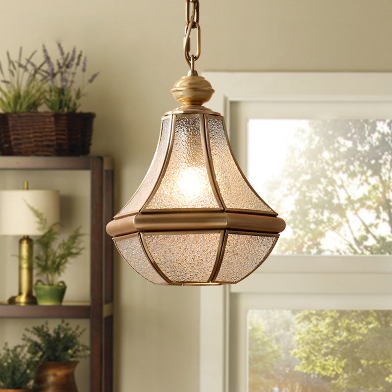 Natural Brass 1-Light Pendant Light Colonial Seedy Glass Pear Hanging Ceiling Lamp