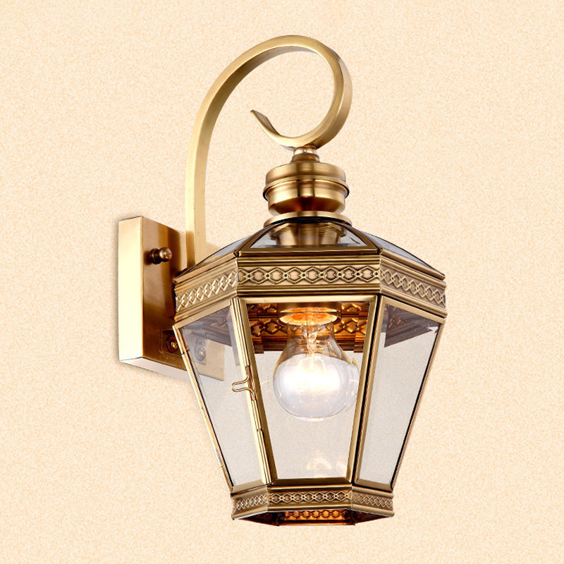 1-Light Wall Lighting Minimalist Outdoor Wall Light Sconce with Lantern Clear Glass Shade in Brass