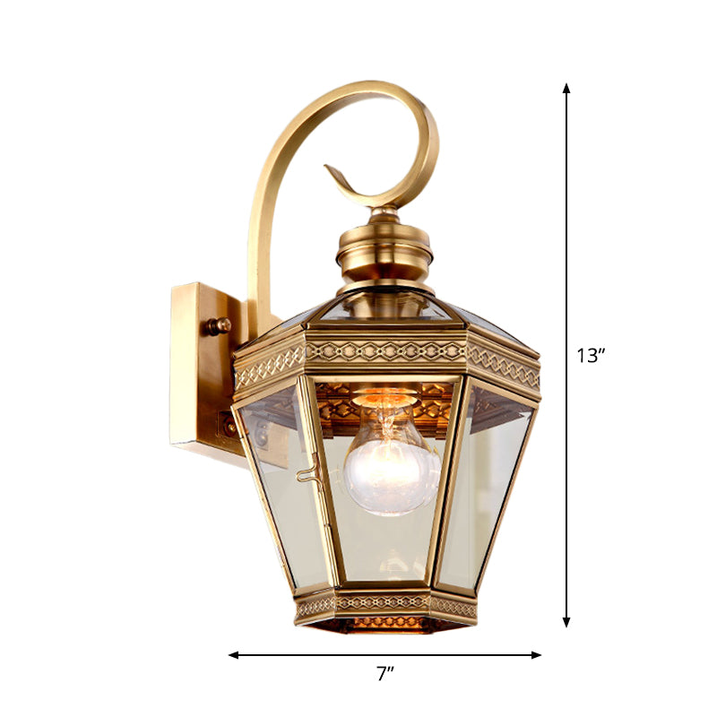 1-Light Wall Lighting Minimalist Outdoor Wall Light Sconce with Lantern Clear Glass Shade in Brass