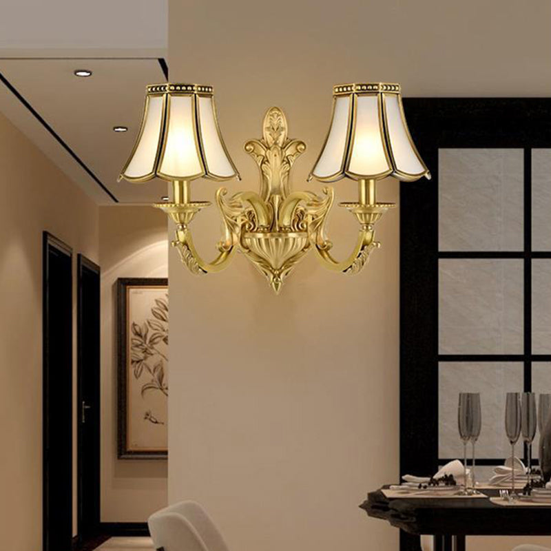1/2 Light Flared/Bell Wall Mounted Light Traditional Polished Brass Frosted Glass Wall Sconce Lamp