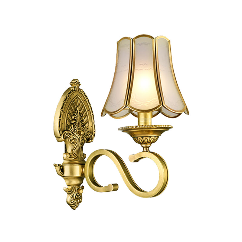 1/2 Light Flared/Bell Wall Mounted Light Traditional Polished Brass Frosted Glass Wall Sconce Lamp