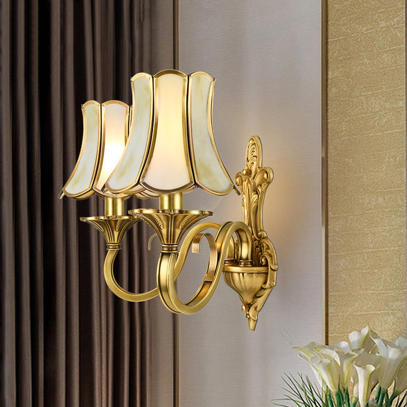 1/2 Light Flared/Bell Wall Mounted Light Traditional Polished Brass Frosted Glass Wall Sconce Lamp