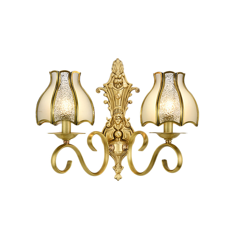 1/2 Light Flared/Bell Wall Mounted Light Traditional Polished Brass Frosted Glass Wall Sconce Lamp