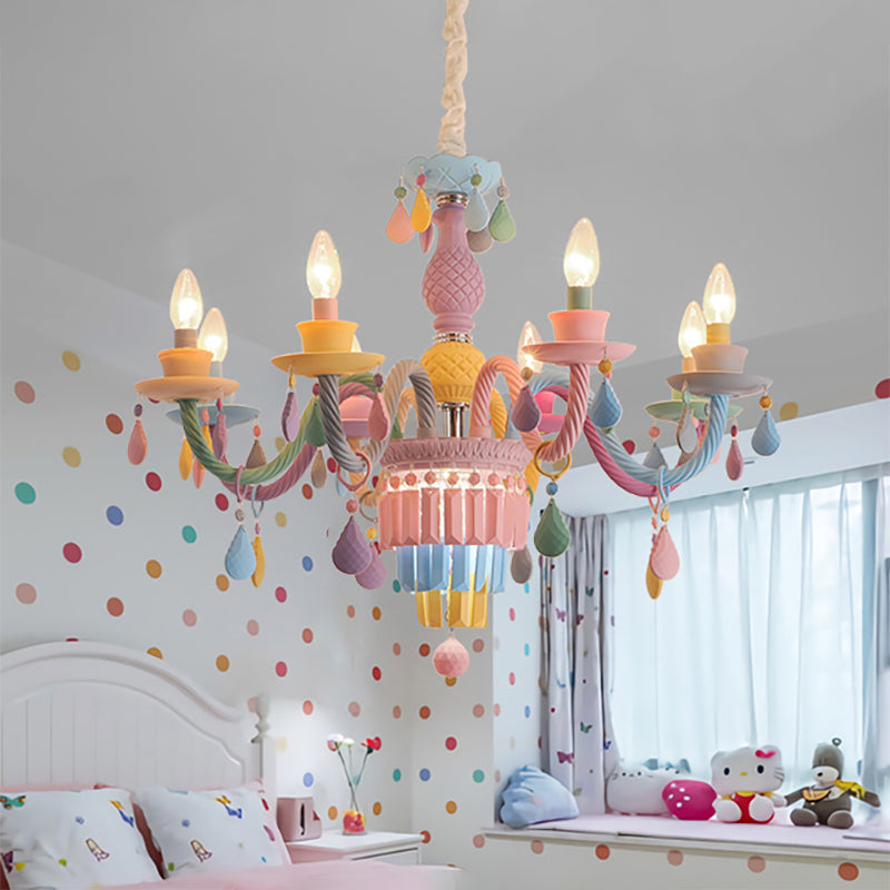 Nursing Room Foyer Candle Pendant Light Glass Kids Multi-Color Chandelier with Teardrop