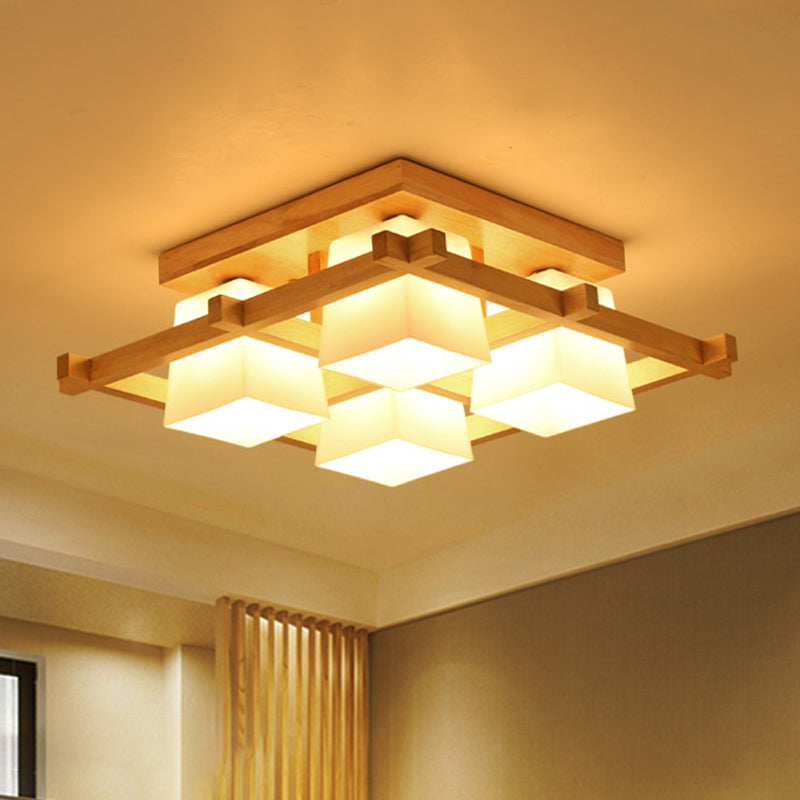 Nordic 4/6/9-Light Ceiling Mount Light Wood Grid Semi Flush Mount with Opal Frosted Glass Shade