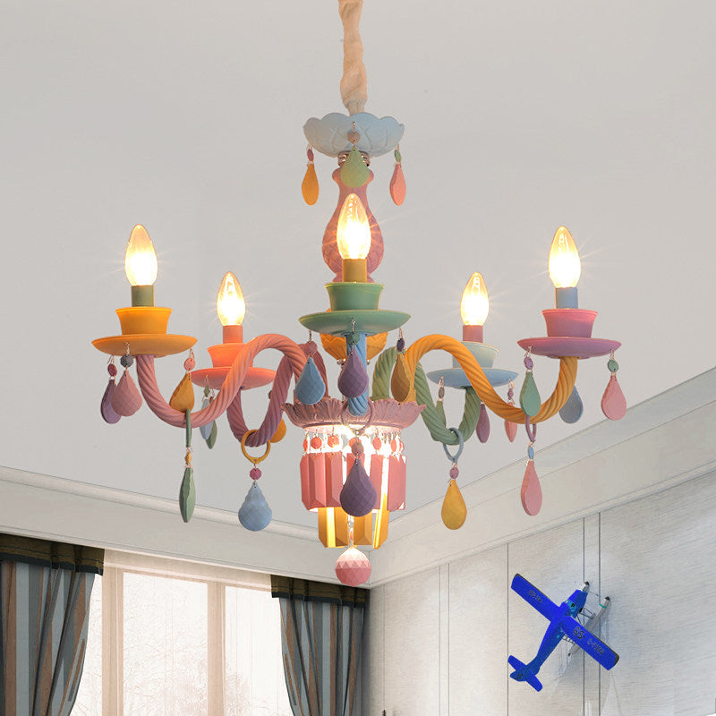 Nursing Room Foyer Candle Pendant Light Glass Kids Multi-Color Chandelier with Teardrop