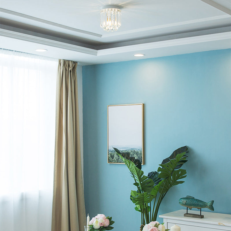 One Head Circle Flush Ceiling Light Luxurious Clear Crystal Ceiling Lamp in White for Foyer