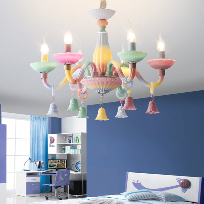 6 luces Luz colgante de vela con campana Candelera colorida de vidrio moderno para dormitorio de niña