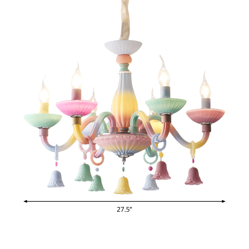 6 Lights Candle Hanging Light with Bell Deco Modern Glass Colorful Chandelier for Girl Bedroom