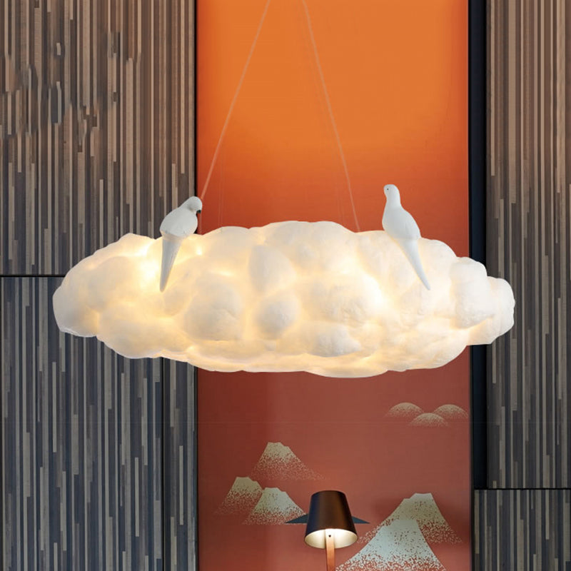 Floating Cloud Kindergarten Chandelier with Bird Cotton Contemporary Hanging Light in White