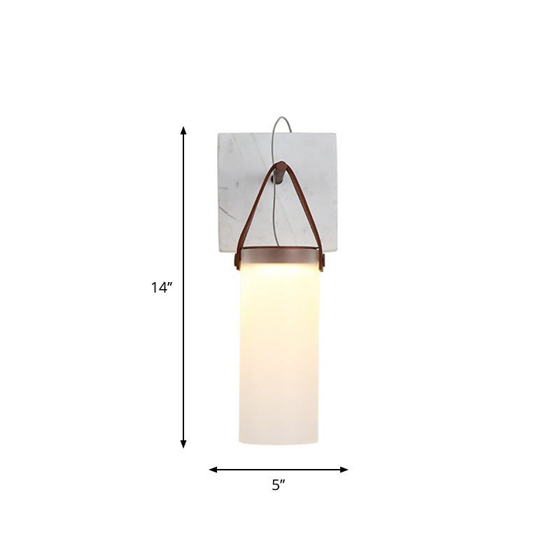 Cylinder Bedside Wall Hanging Light White Glass Nordic LED Wall Light with Leather Strap