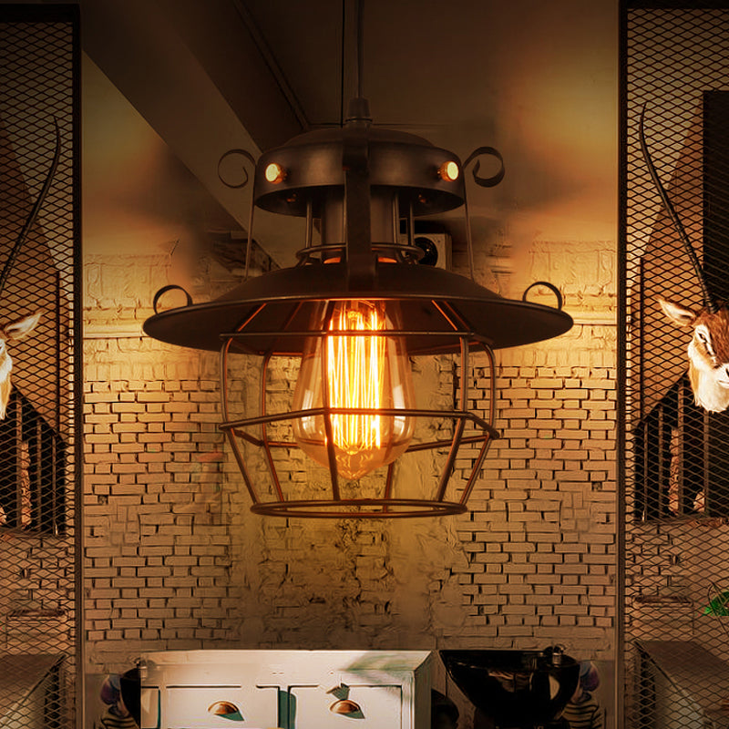 1-Bulb Ceiling Hanging Lantern Rustic Dining Room Down Lighting Pendant with Wire Cage in Black