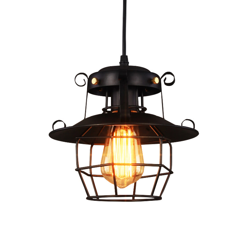1-Bulb Ceiling Hanging Lantern Rustic Dining Room Down Lighting Pendant with Wire Cage in Black