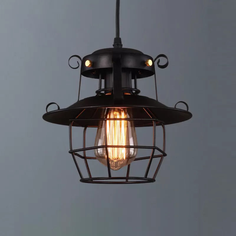 1-Bulb Ceiling Hanging Lantern Rustic Dining Room Down Lighting Pendant with Wire Cage in Black