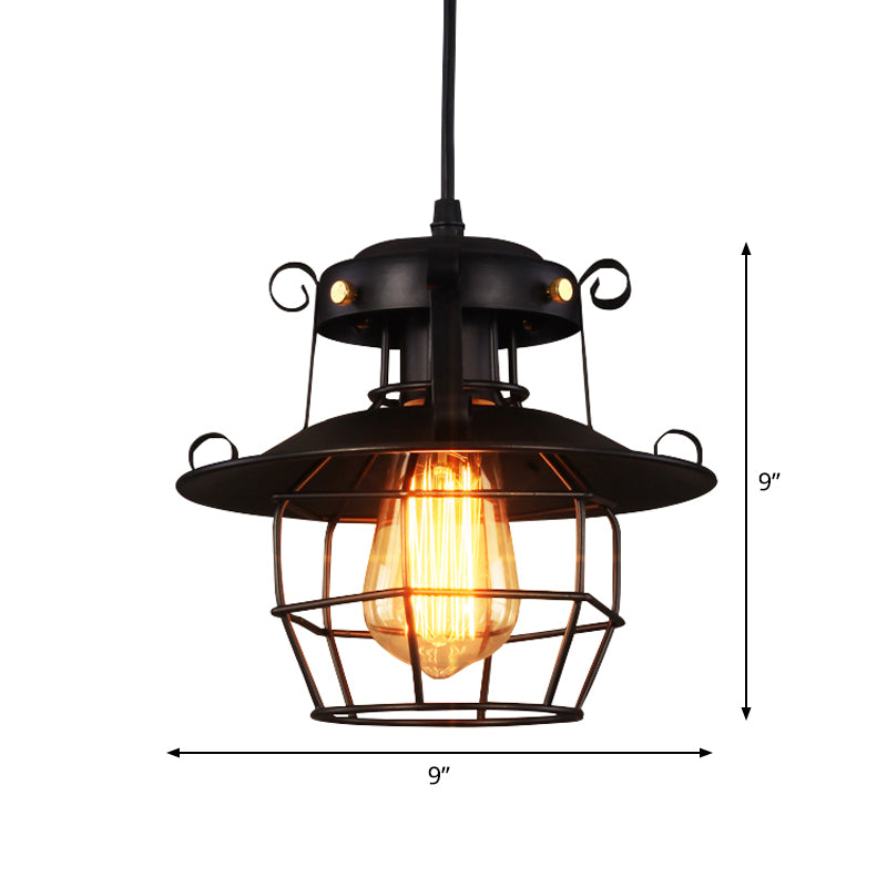 1-Bulb Ceiling Hanging Lantern Rustic Dining Room Down Lighting Pendant with Wire Cage in Black