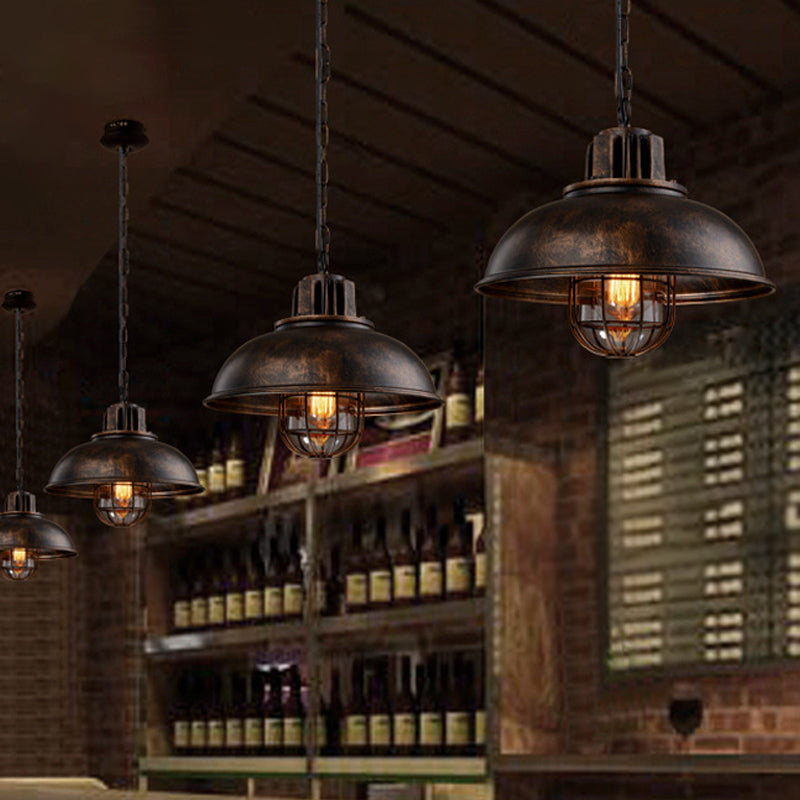 Bowl Bistro Hanging Light Kit Country Iron 1 Head Rust/White Pendant Lamp with Cage and Inner Glass Shade