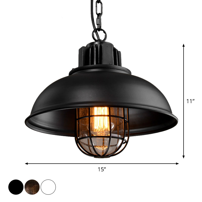 Bowl Bistro Hanging Light Kit Country Iron 1 Head Rust/White Pendant Lamp with Cage and Inner Glass Shade
