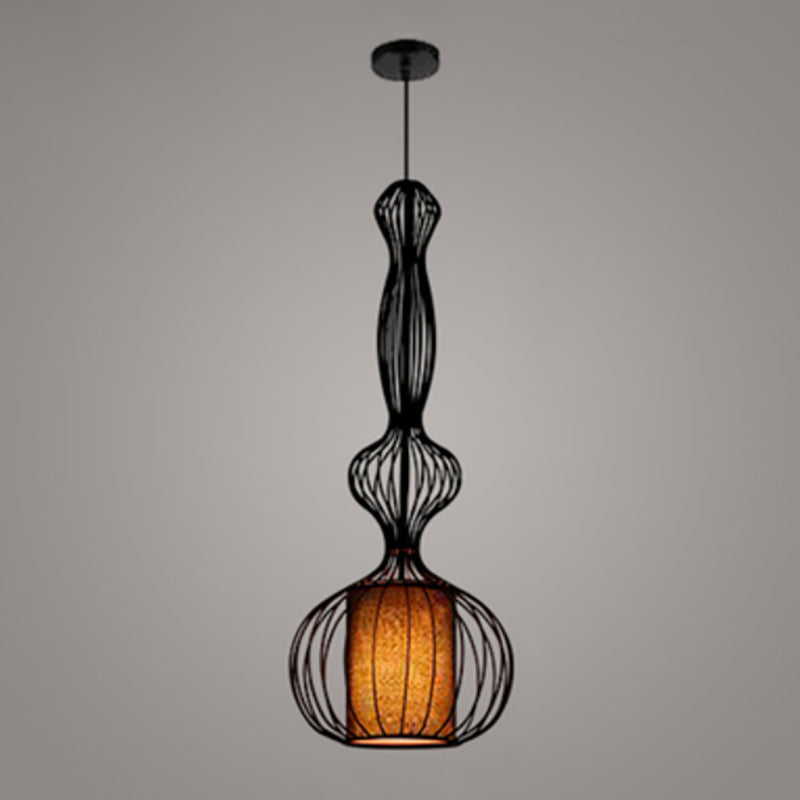 Gourd Shaped Iron Pendant Lighting Retro 1 Bulb Dining Room Ceiling Hanging Lantern with Fabric Shade Inside in Black