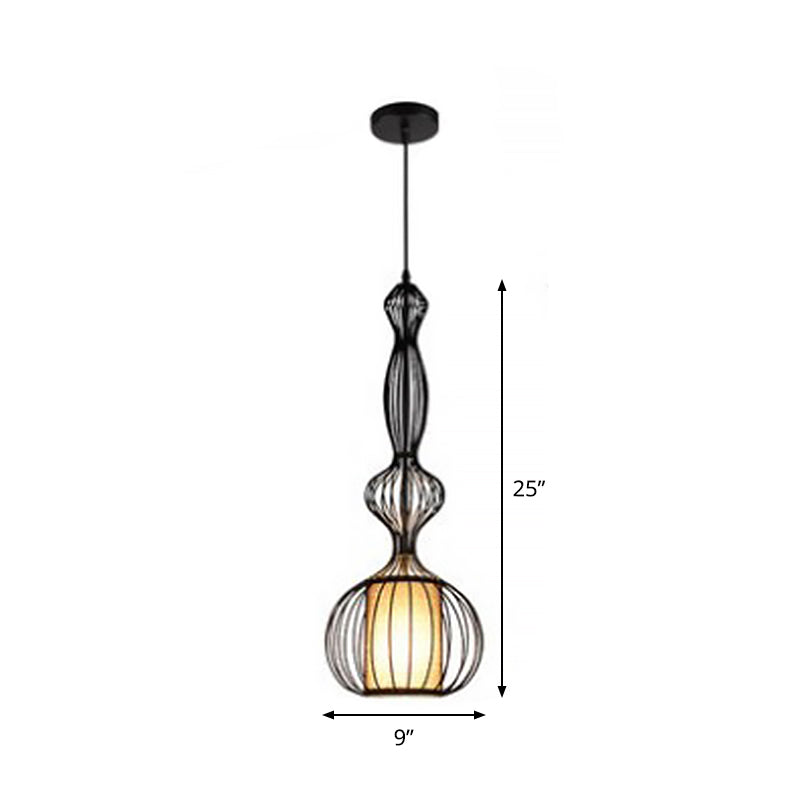 Gourd Shaped Iron Pendant Lighting Retro 1 Bulb Dining Room Ceiling Hanging Lantern with Fabric Shade Inside in Black