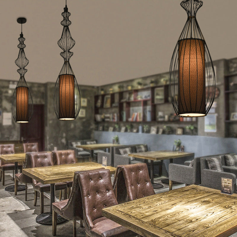 Gourd Shaped Iron Pendant Lighting Retro 1 Bulb Dining Room Ceiling Hanging Lantern with Fabric Shade Inside in Black