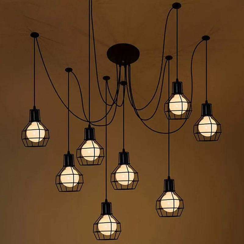 Industrial Ball Cage Swag Pendant 8-Head Iron Multiple Hanging Light in Black for Living Room