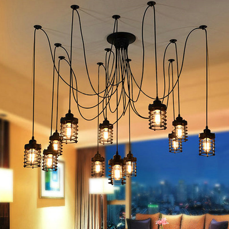 12 Heads Swag Pendant Lamp Farmhouse Bedroom Multi Light Ceiling Light with Cylinder Iron Cage in Black