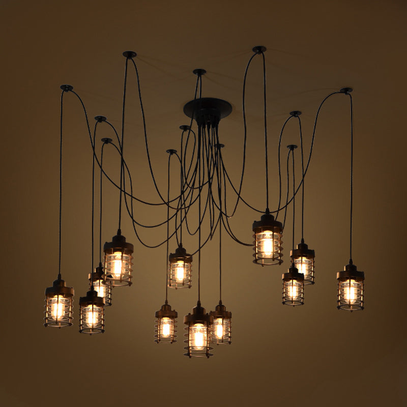 12 Heads Swag Pendant Lamp Farmhouse Bedroom Multi Light Ceiling Light with Cylinder Iron Cage in Black