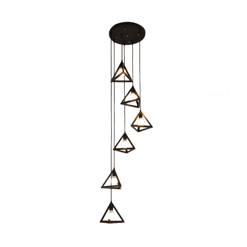 6-Bulb-Cluster-Anhänger leichter Vintage-Dreieck Metall Hanging Deckenlicht in Schwarz