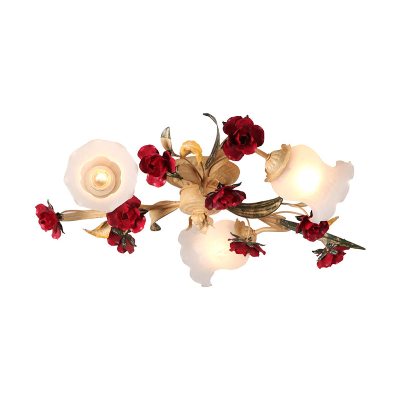 3/5-Light Flush Lamp Romantic Pastoral Living Room Semi Flush Mount with Flower Frosted Glass Shade in White