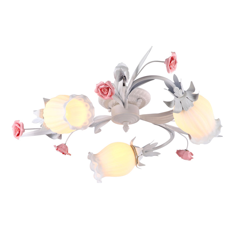 3 Heads Flower Semi Flush Mount Pastoral White Frosted Glass Ceiling Flush Mounted Light