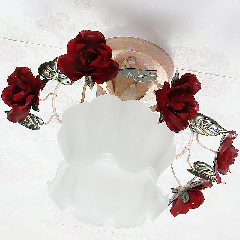 Korean Garden Ruffle Semi Flush Mounted Lamp 1-Light Frost White Glass Ceiling Light with Red Rose Deco