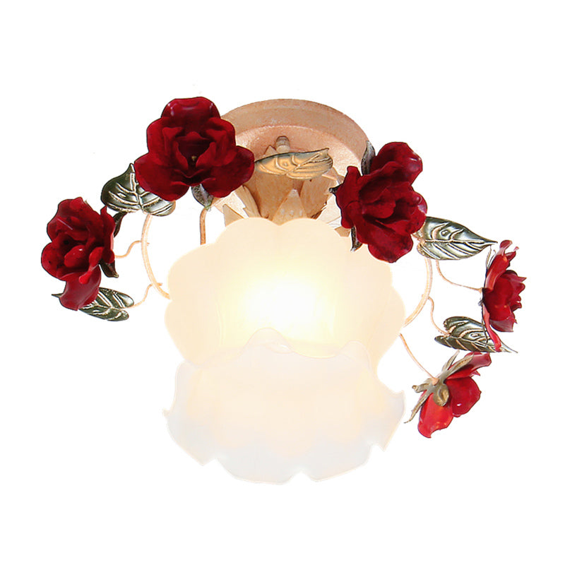 Korean Garden Ruffle Semi Flush Mounted Lamp 1-Light Frost White Glass Ceiling Light with Red Rose Deco