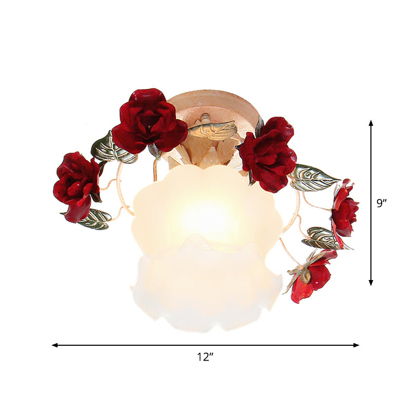 Korean Garden Ruffle Semi Flush Mounted Lamp 1-Light Frost White Glass Ceiling Light with Red Rose Deco