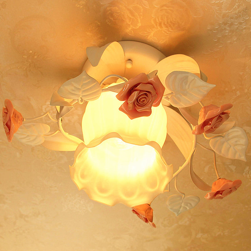 1 Light Ruffle Semi Flush Mount Lamp Korean Garden White Frosted Glass Flush Ceiling Light with Flower Deco