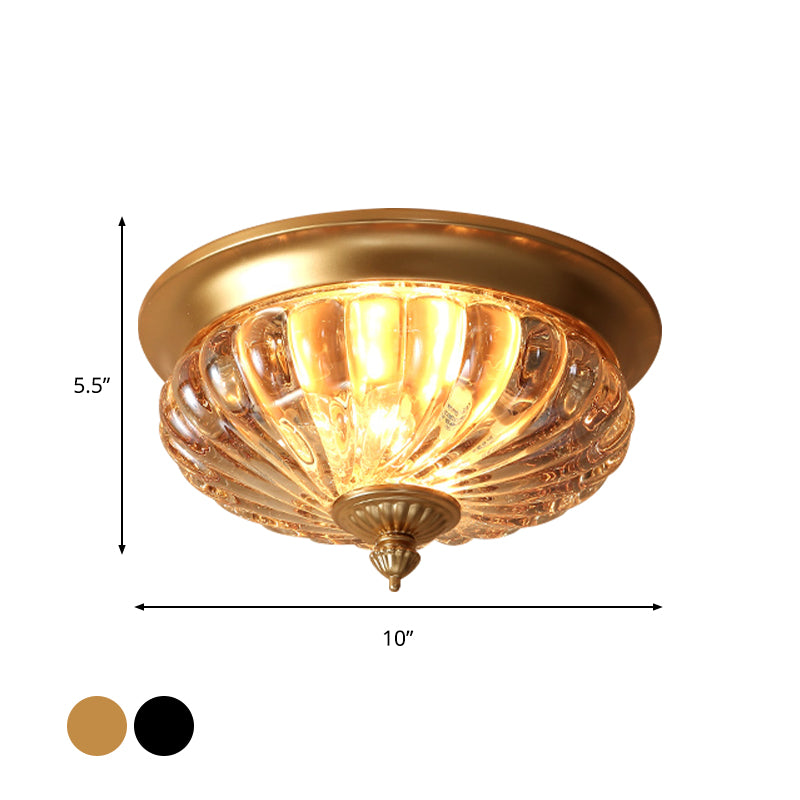 12"/10" Wide 2 Lights Flush Mount Light Fixture Vintage Crown Shape Clear Ribbed Glass Flush Ceiling Lamp in Black/Gold