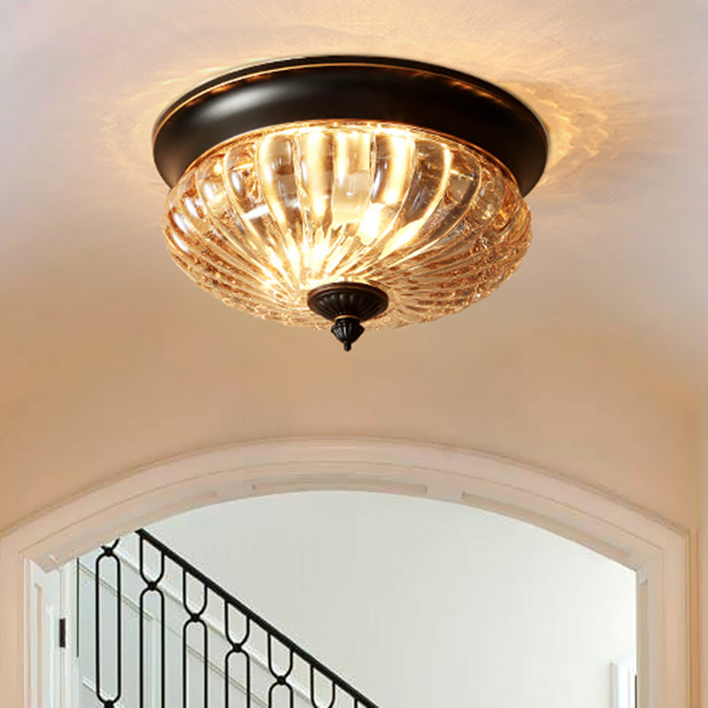 12"/10" Wide 2 Lights Flush Mount Light Fixture Vintage Crown Shape Clear Ribbed Glass Flush Ceiling Lamp in Black/Gold