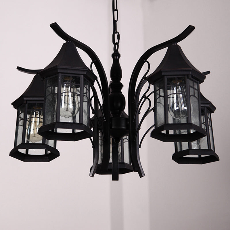 Black 3/5/6 Heads Ceiling Light Industrial Clear Glass Lantern Chandelier Light Fixture