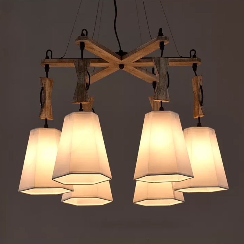 6 Heads Tapered Chandelier Lighting Industrial Black/White/Flaxen Wood Ceiling Suspension Lamp