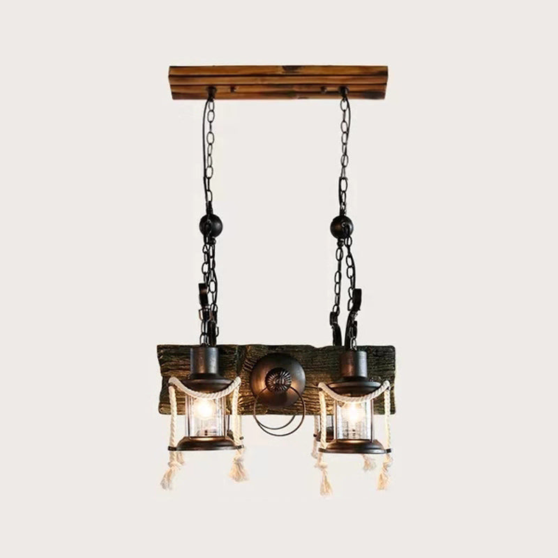 Lantern Clear Glass Chandelier Lamp Industrial 4/6 Heads Restaurant Ceiling Pendant Light in Wood