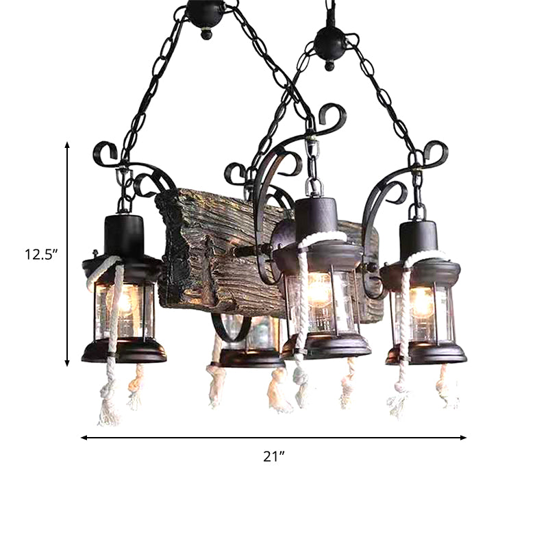 Lantern Clear Glass Chandelier Lamp Industrial 4/6 Heads Restaurant Ceiling Pendant Light in Wood