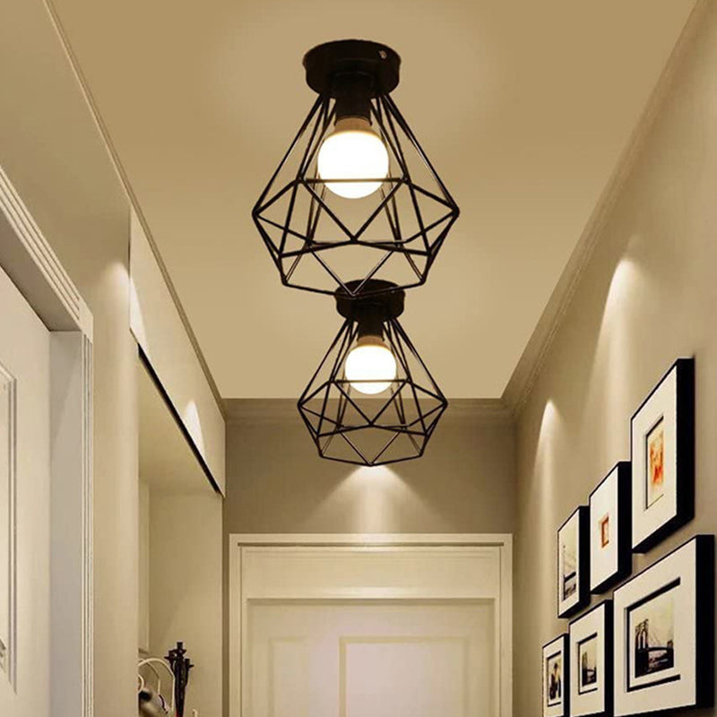 Iluminación semiinstalada de hierro de diamante retro balcón de una sola luz lámpara de techo negra