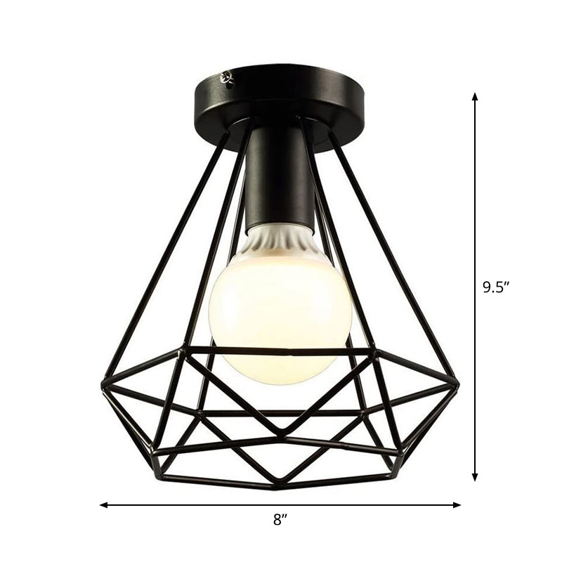Diamond Iron Semi Mount Lighting Vintage 1-Light Balcony Ceiling Flush Light in Black